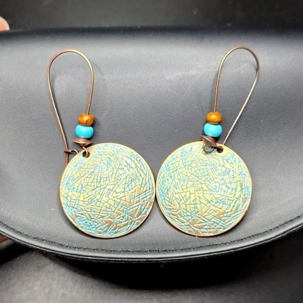 round plate drop earrings with turquoise beads